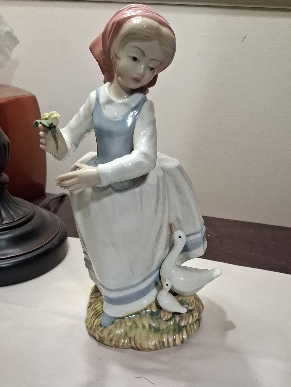 Tengra Porcelain Farm Girl Figurine in Blue and Pink